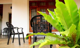 a black and gold table with two chairs is placed in front of a large green plant at Seasons Villa