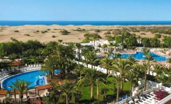 aerial view of a resort with a large pool surrounded by palm trees and sand dunes at Hotel Riu Palace Oasis