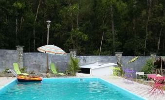 a swimming pool with a boat and an umbrella , surrounded by trees and a stone wall at The Sanctuary