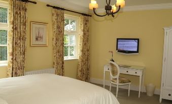 a well - decorated bedroom with a white bed , yellow curtains , and a tv on the wall at Flynns of Termonfeckin Boutique Hotel