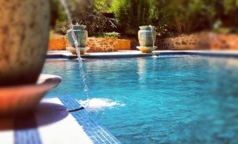 a swimming pool with two water fountains in the middle , surrounded by lush greenery and trees at Jacobs Creek Retreat