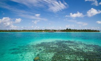 a clear blue ocean with a small island in the distance , surrounded by lush vegetation at Medhufushi Island Resort