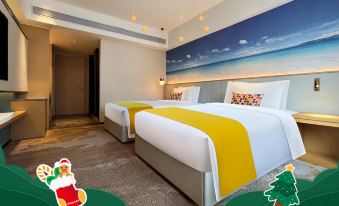 a spacious bedroom with two double beds and a large table in the center at Guangzhou Zhujiang New Town Ausotel Smart Hotel, Canton Fair Free Shuttle