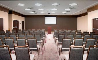 a conference room with rows of chairs arranged in a semicircle , and a projector on the wall at Courtyard Lufkin