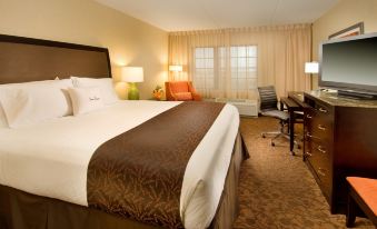 a large bed with a brown and white comforter is in the middle of a room at DoubleTree by Hilton Dulles Airport - Sterling