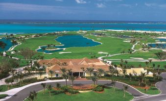 aerial view of a golf course surrounded by lush greenery , with a blue ocean in the background at The Royal at Atlantis