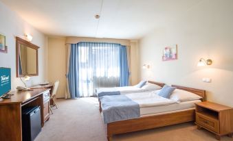 a hotel room with two beds , one on the left and one on the right side of the room at Hotel Dixon