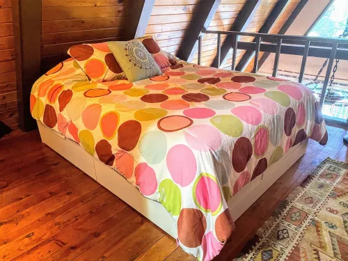 Private cabin in a small mountain town surrounded by pine trees. Snow getaway