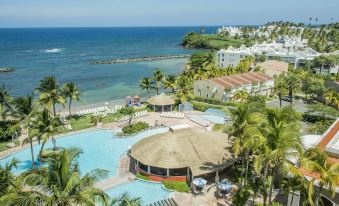 a tropical resort with a swimming pool , surrounded by palm trees and a beach , under a clear blue sky at Aquarius Vacation Club at Dorado del Mar