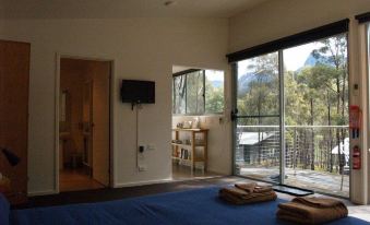 a bedroom with a bed , tv , and sliding glass doors leading to an outdoor area at Craggy Peaks