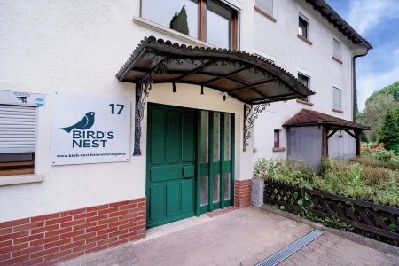 birds-nest holiday home palatian forest balcon wood stove