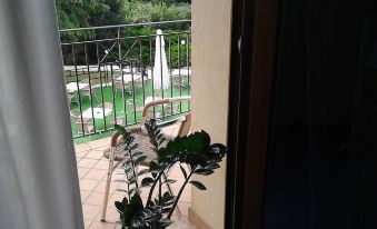 a balcony with a view of a lush green garden and a potted plant on the sill at Ca' Del Bosco