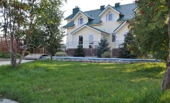 a large , two - story house with a green roof and white walls is surrounded by lush grass and trees at Elizaveta