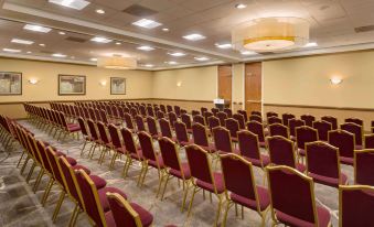 a large , empty conference room with rows of red chairs and a stage at the front at Embassy Suites by Hilton Baltimore at BWI Airport