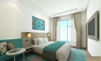a modern hotel room with white walls , wooden furniture , and blue accents , featuring a bed , nightstands , and a large window at Holiday Inn Express Kolkata Airport