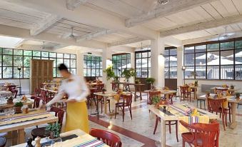 a restaurant with wooden tables and chairs , a waitress standing behind the counter , and large windows at Le Grand Hotel