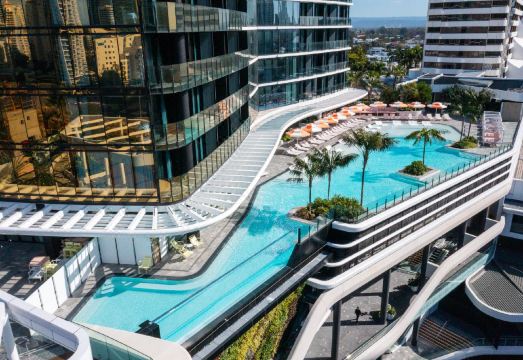 Dorsett Gold Coast pool deck and hotel exterior in Broadbeach