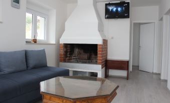 a cozy living room with a fireplace and a flat - screen tv mounted on the wall at Villa Marina