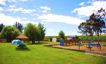 a grassy park with a playground , picnic tables , and umbrellas under a blue sky dotted with clouds at North South Holiday Park