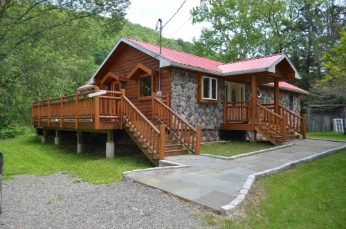 Spectacular Catskill Mountain River Front Custom Log Home