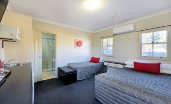 a hotel room with two beds , a window , and an air conditioner , all under a bright light at Prince of Wales Hotel Gulgong