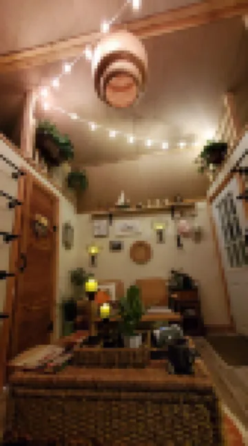 Cozy tiny cabin nested in the trees in a lake community, peaceful countryside.