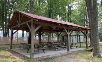 a wooden pavilion with a red roof is surrounded by trees and has several picnic tables at Hidden Haven Cottages