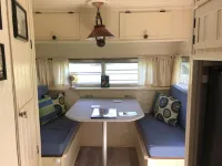 Glamping with sheep in a renovated 1972 Ace camper on 48 acres