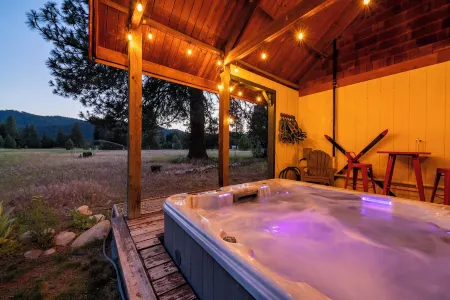 A cozy, private, pet friendly cabin that sleeps 6 guests with a hot tub