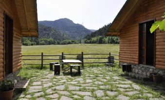 a grassy courtyard with a stone floor and wooden fence , leading to a building in the background at Farma Sotira