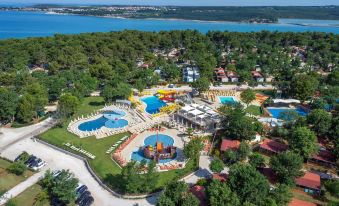 aerial view of a large resort with multiple pools and water slides , surrounded by trees and a body of water at Lanterna Premium Camping Resort by Valamar