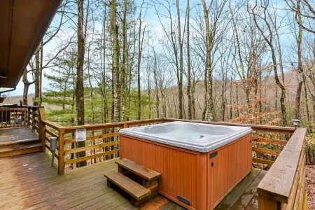 Dog friendly with a great view and fire pit! Hot tub!2 bed cabin