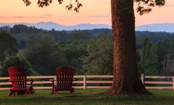 a red adirondack chair is sitting on a grassy field near a fence , with a view of the mountains in the background at The Inn & Tavern at Meander