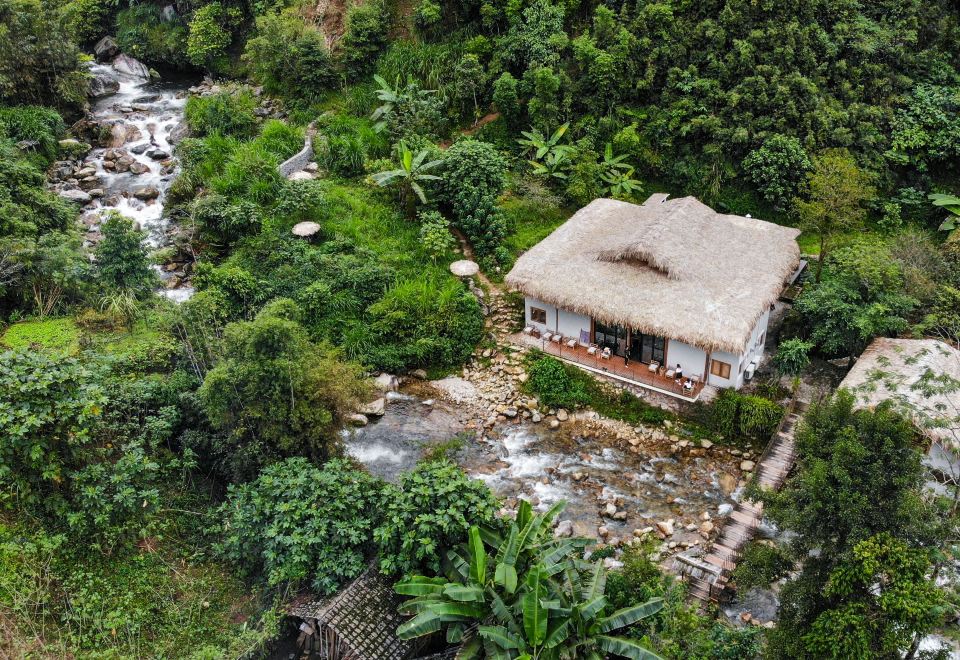 a small hut with a thatched roof is situated in a lush green forest near a stream at Topas Riverside Lodge