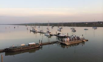 a marina with numerous boats docked , including sailboats and motorboats , in the water near a pier at The Ferry Boat Inn