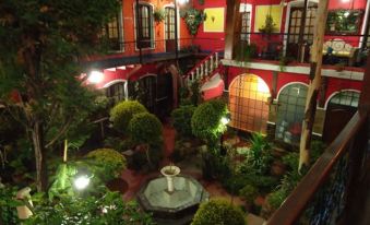 a courtyard with a fountain surrounded by potted plants and trees , creating a picturesque scene at Grand Hotel