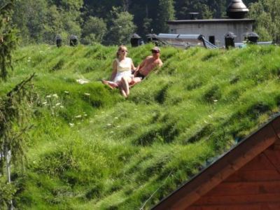 a man and a woman are sitting on a grassy hillside , enjoying the view and each other 's company at Troll