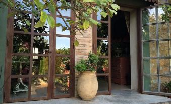 a large pot with greenery is placed in front of a building that has wooden doors and windows at Casa Montes