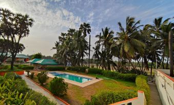 a large swimming pool is surrounded by palm trees and grass , with a building in the background at Hotel Palms