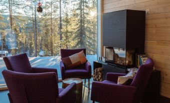 a cozy living room with purple chairs and a fireplace , creating a warm and inviting atmosphere at Arctic Skylight Lodge