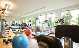 a well - equipped gym with various exercise equipment , including treadmills and exercise balls , arranged in a spacious room at Rosersbergs Slottshotell