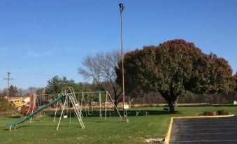 a park with various playground equipment , including swings , slides , and a monkey bars , under a clear blue sky at Relax Inn