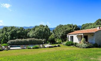 a lush green lawn with trees and mountains in the background , creating a serene and picturesque landscape at Domaine de Peretti Della Rocca