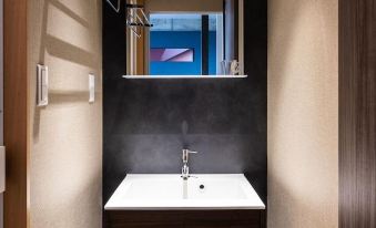 a modern bathroom with a white sink and a mirror above it , along with a toilet and a sink at Volcano