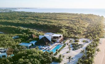 an aerial view of a resort with a large pool surrounded by palm trees , trees , and a beach in the background at Chable Maroma