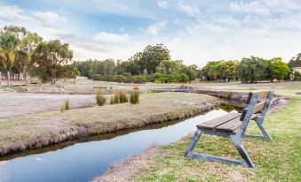 a wooden bench situated near a river , with trees and grass in the background , under a blue sky at The Swan Valley Retreat