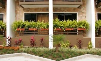 a balcony with a variety of plants and flowers , as well as a white railing at Hotel Ladera