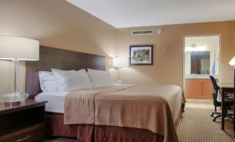 a hotel room with two beds , one on the left and one on the right side of the room at Best Western State Fair Inn