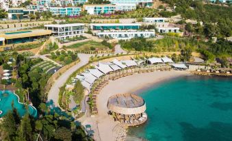 aerial view of a beach resort with multiple beach chairs and umbrellas set up for guests to relax at Le Méridien Bodrum Beach Resort