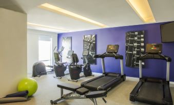 a well - equipped gym with various exercise equipment , including treadmills and weight machines , against a purple wall at Fiesta Inn Express Queretaro Constituyentes